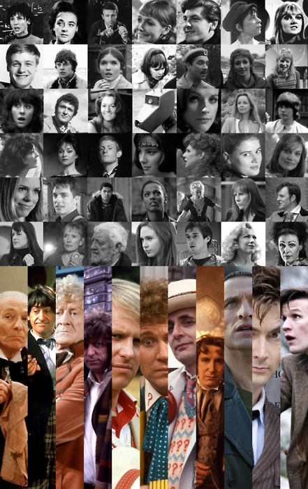 Not a perfect list, but closest I could get.  From top left:  Susan, Barbara, Ian, Vicki, Steven, Dodo, Polly, Ben, Jamie, Victoria, Zoe, the Brigadier, Liz, Jo, Sarah Jane, Harry, Leela, K9, Romana I, Romana II, Adric, Nyssa, Tegan, Turlough, Peri, Mel, Ace, Grace, Rose, Jack, Mickey, Martha, Astrid, Donna, Jackson Lake, Lady Christina, Adelaide Brook, Wilfred, Amy, Rory, River, and I really don't know who that last one is.